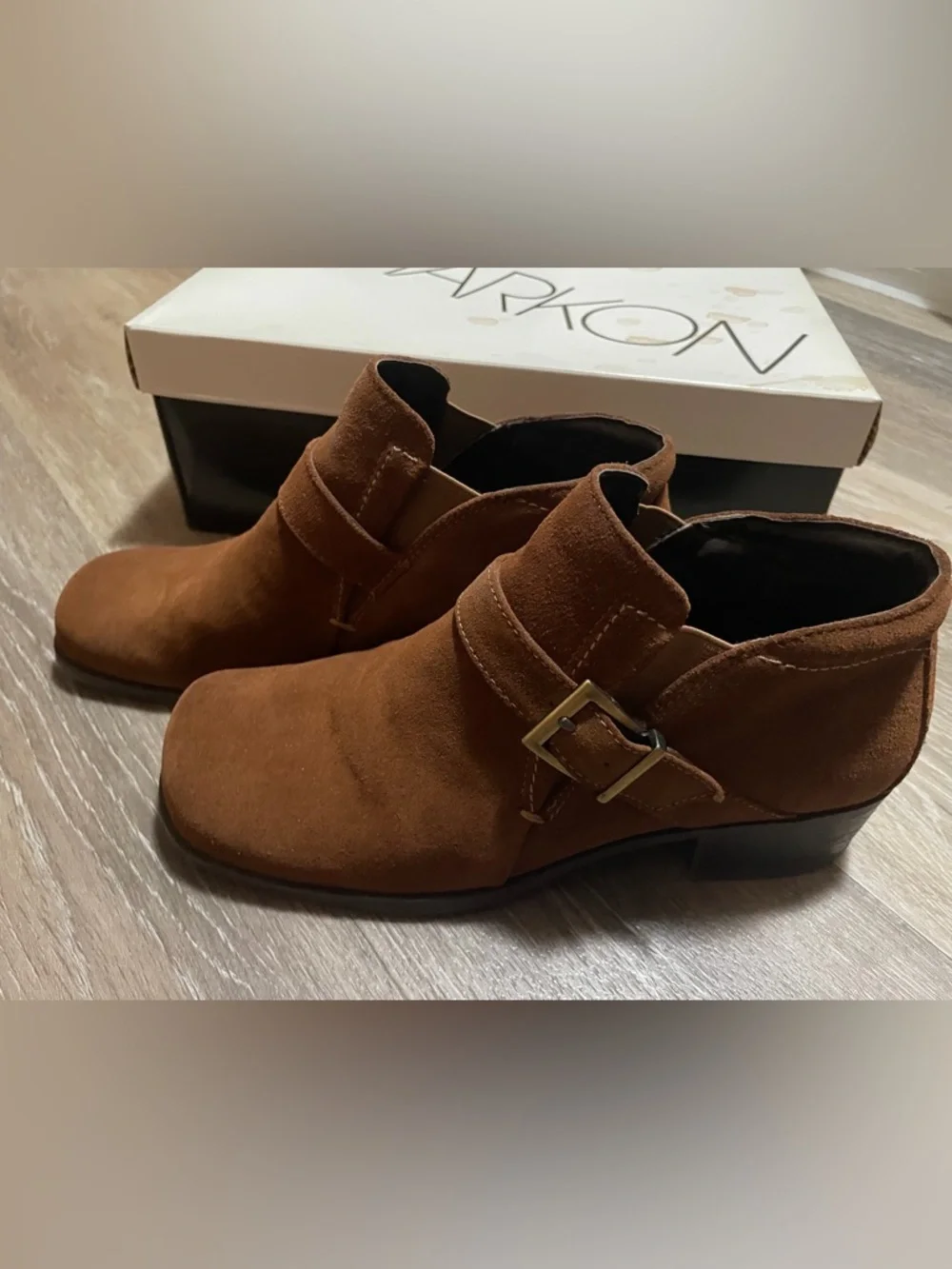 Markon Women’s Tan Suede Ankle Booties with Buckle - Picture 3 of 3